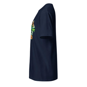 Unisex navy blue t-shirt with colorful graphic print on front, side view