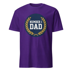 Purple unisex t-shirt with 'Number 1 Dad' and laurel graphic on the front