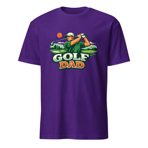 Purple unisex t-shirt with 'Golf Dad' graphic and golfer illustration on front