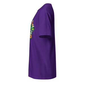 Unisex basic softstyle t-shirt in purple with colorful front graphic, left side view