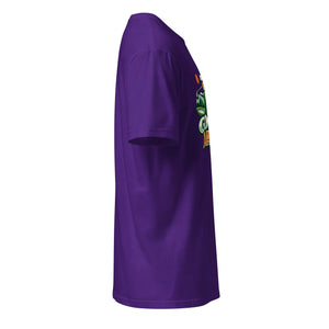 Unisex basic purple t-shirt, right side view, with colorful graphic print on front