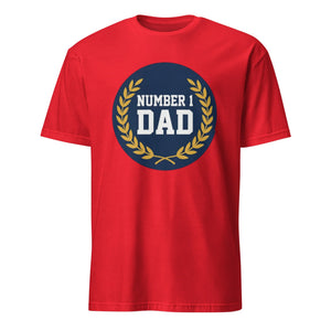Red unisex t-shirt with 'Number 1 Dad' text and laurel wreath graphic on front