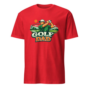 Red unisex t-shirt with 'Golf Dad' graphic and golfer illustration on front
