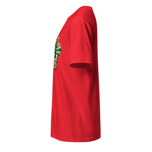 Unisex red short sleeve t-shirt with colorful graphic design, side view