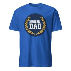 Royal blue unisex t-shirt with 'Number 1 Dad' and gold laurel wreath graphic