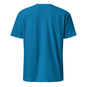 Back view of unisex basic sapphire blue softstyle t-shirt on white background