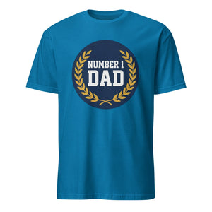 Blue unisex t-shirt with 'Number 1 Dad' and gold laurel design on front