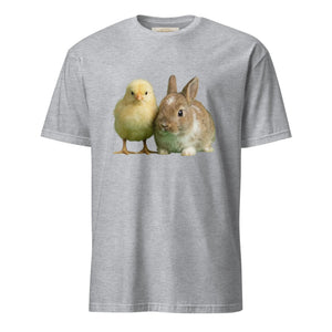 Sport grey unisex t-shirt with cute chick and bunny graphic on front