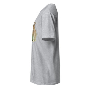 Unisex grey T-shirt with rabbit graphic, softstyle cotton, side view apparel photo