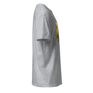 Sport grey unisex softstyle t-shirt side view with partial bird graphic on chest