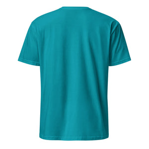Back view of unisex tropical blue softstyle t-shirt on plain white background