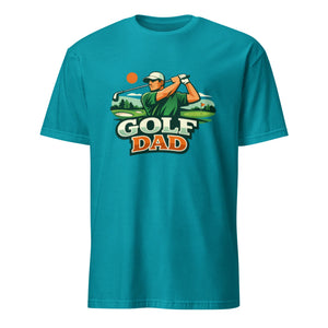 Tropical blue unisex t-shirt with Golf Dad graphic and golfer illustration on front