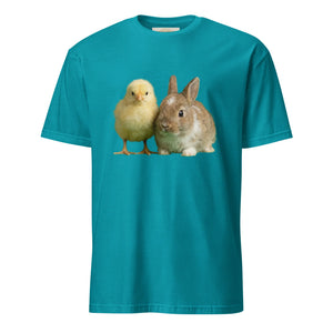 tropical blue unisex t-shirt featuring a chick and bunny graphic on the front