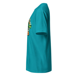 Unisex tropical blue graphic t-shirt, side view, cartoon print partially visible.