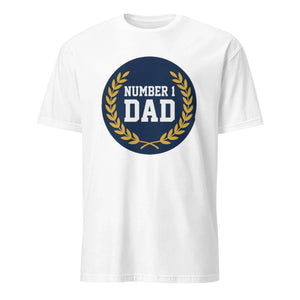 White unisex t-shirt with 'Number 1 Dad' text and gold laurel wreath graphic on front.