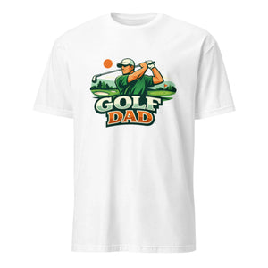 White unisex t-shirt with Golf Dad graphic and golfer illustration on the front.