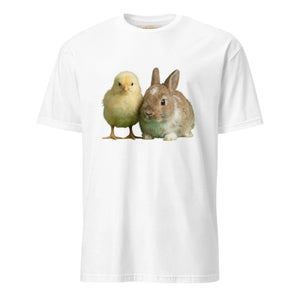 White unisex t-shirt with cute chick and bunny print on the front