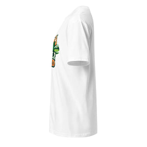 White unisex softstyle t-shirt side view with partial colorful graphic on chest