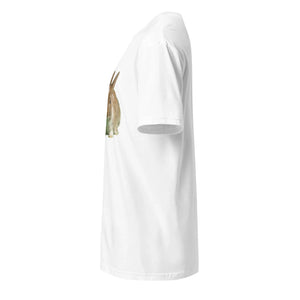 White unisex t-shirt with a cute bunny graphic on the front, side view