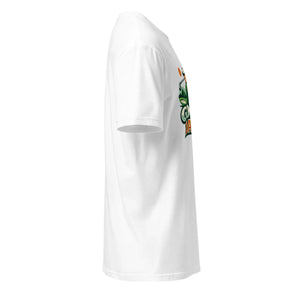 Unisex white softstyle t-shirt with partial graphic print, side view