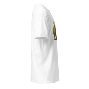 White unisex T-shirt with illustrated bird graphic on front, shown from right side