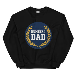 Black crew neck sweatshirt with 'Number 1 Dad' and gold laurel graphic on front.