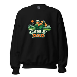 Black unisex crew neck sweatshirt with Golf Dad graphic featuring golfer swinging club