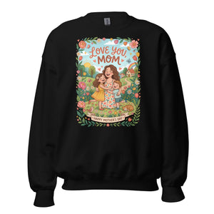 Black crew neck sweatshirt with Mother's Day illustration, floral and family graphics.