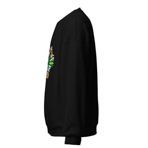 Unisex black crew neck sweatshirt with colorful graphic on left side, side view