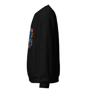 Black unisex crew neck sweatshirt with colorful graphic print on front, side view