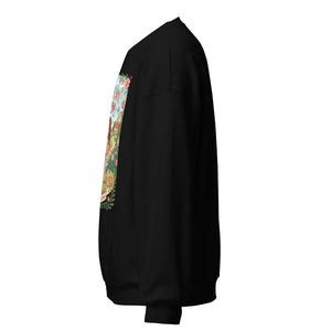 Black unisex crew neck sweatshirt with colorful graphic print, side view