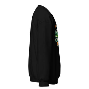 Unisex black crew neck sweatshirt with colorful front graphic, side view