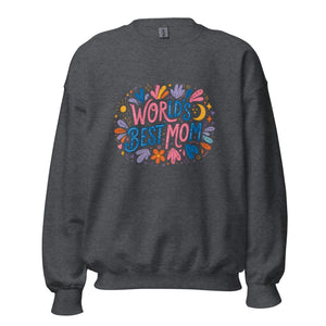 Dark heather crewneck sweatshirt with colorful 'World's Best Mom' floral graphic