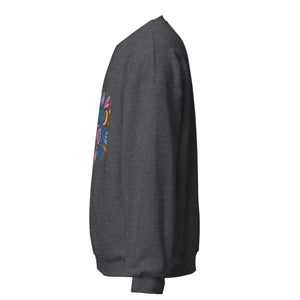 Dark heather unisex crew neck sweatshirt with colorful floral and sun graphic on front