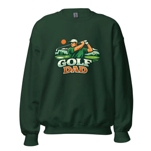 Forest green crew neck sweatshirt with 'Golf Dad' graphic and golfer illustration on front