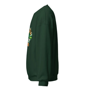 Unisex crew neck sweatshirt in forest green, side view with partial graphic on chest