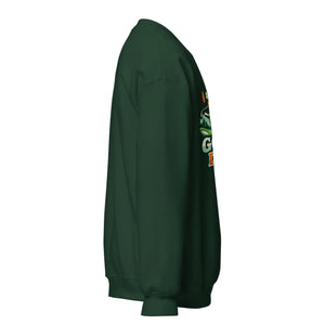 Unisex forest green crew neck sweatshirt, right side view, graphic partially visible