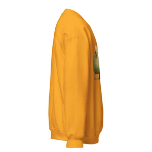 Gold unisex crew neck sweatshirt featuring a printed green duck graphic on the front.