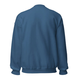Unisex crew neck sweatshirt in indigo blue, back view, plain design