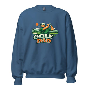 Indigo blue unisex crew neck sweatshirt with 'Golf Dad' graphic and golfer illustration