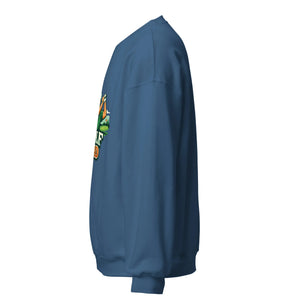 Unisex indigo blue crew neck sweatshirt with colorful graphic on side, left view