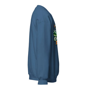 Unisex crew neck sweatshirt in indigo blue with colorful front graphic, side view