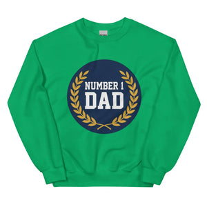 Unisex Irish green crew neck sweatshirt with 'Number 1 Dad' and laurel graphic on front.