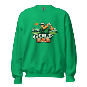 Unisex Irish green crew neck sweatshirt with Golf Dad graphic and golfer illustration