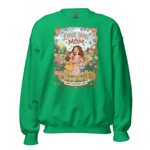 Irish green crewneck sweatshirt with Mother's Day graphic, floral design, and 'Love You Mom' text