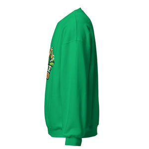 Unisex crew neck sweatshirt in Irish green with graphic detail, side view