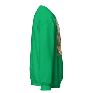 Unisex crew neck sweatshirt in Irish green with colorful graphic design, side view
