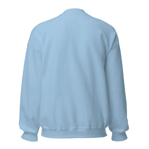Unisex crew neck sweatshirt in light blue, back view, long sleeves, plain design