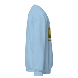 Light blue unisex crew neck sweatshirt with cute duck graphic on front, side view