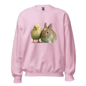 Light pink crew neck sweatshirt featuring a chick and bunny graphic on the front